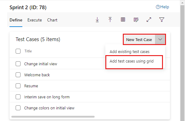 Captura de pantalla que muestra la opción para agregar casos de prueba mediante la vista Cuadrícula.
