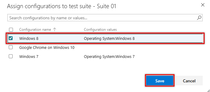 Captura de pantalla que muestra el cuadro de diálogo Asignar configuraciones al conjunto de pruebas con algunas opciones seleccionadas.