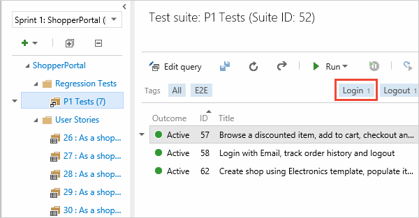 Captura de pantalla que se muestra en el portal web de planes de prueba, en la página Planes de prueba, elija o agregue etiquetas en el panel de casos de prueba.