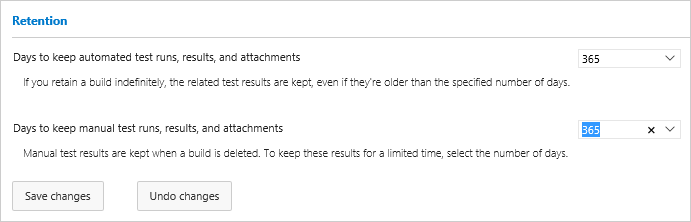 Captura de pantalla que muestra la selección de los límites de retención de datos de prueba.