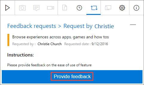 Captura de pantalla de la pantalla de inicio del flujo de trabajo Proporcionar comentarios en Test & Feedback con la acción Proporcionar comentarios resaltada.