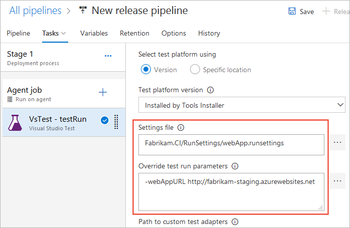Captura de pantalla que muestra la especificación de las propiedades de la tarea Prueba de Visual Studio.