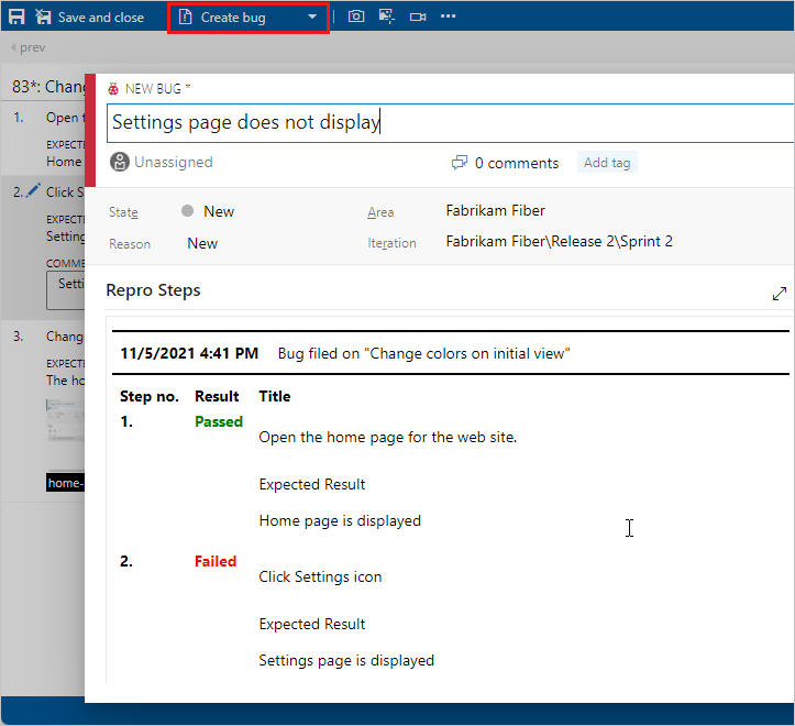Captura de pantalla que muestra el ejecutor de pruebas con el error Crear seleccionado y el cuadro de diálogo Nuevo error abierto.