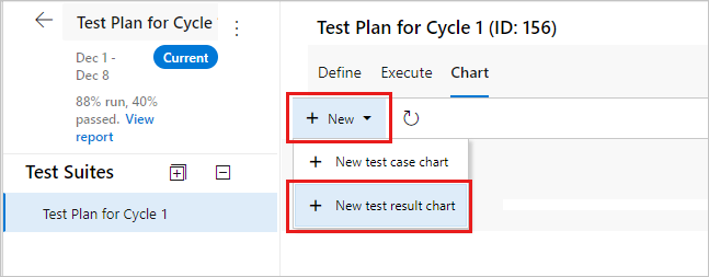 Captura de pantalla donde se ve la página Gráficos con las opciones Nuevo y Nuevo gráfico de resultados de prueba seleccionadas.