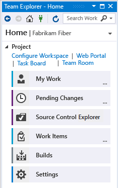Página principal de Visual Studio 2015, Team Explorer con un repositorio TFVC como control de código fuente