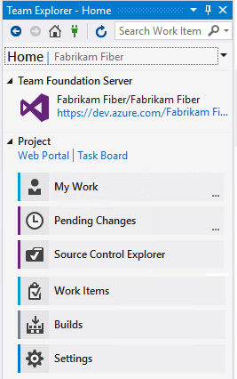 Visual Studio 2017, página principal de Team Explorer con TFVC como control de código fuente