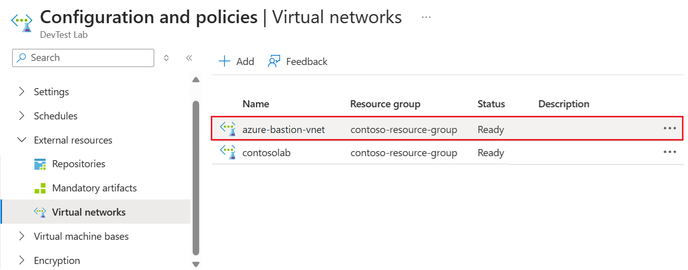 Captura de pantalla que muestra cómo seleccionar la red virtual agregada en la página Redes virtuales del laboratorio cuando la estatua esté lista.