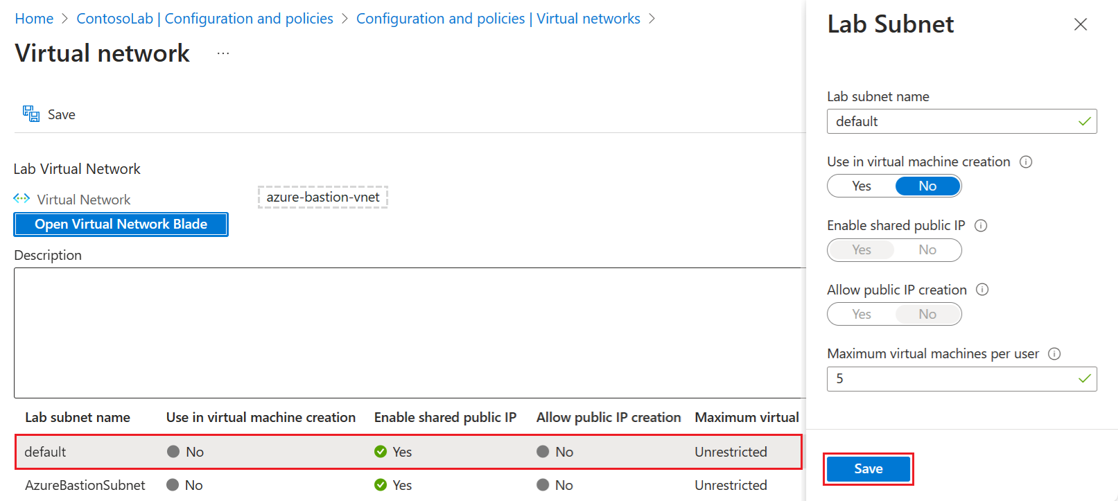 Captura de pantalla que muestra cómo seleccionar la subred de la nueva red virtual para el laboratorio.
