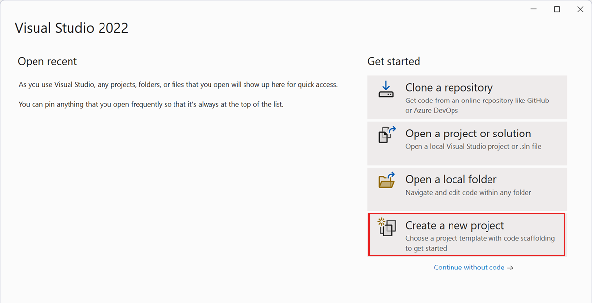 Captura de pantalla de la página de inicio de Visual Studio con Crear un nuevo proyecto seleccionado.