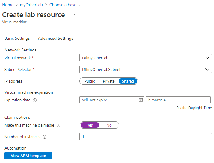 Captura de pantalla de la pestaña Configuración avanzada de la página Crear recurso de laboratorio.