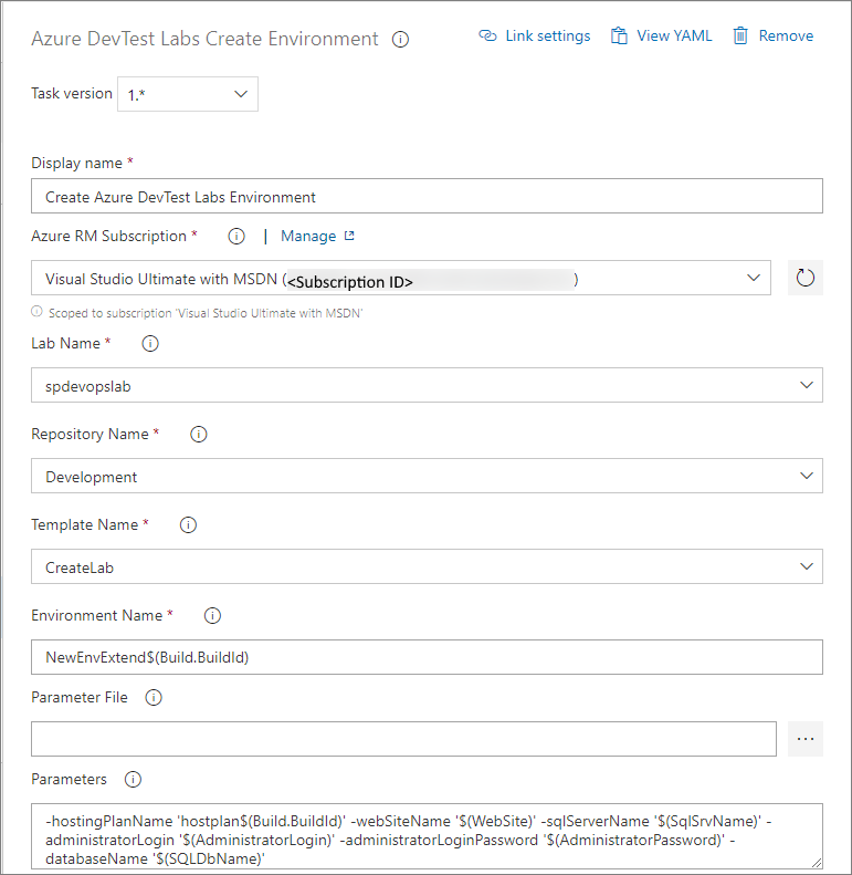 Captura de pantalla que muestra la tarea Creación de entorno de Azure DevTest Labs.