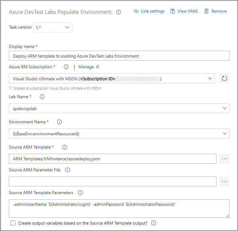 Captura de pantalla que muestra la tarea Relleno de entorno de Azure DevTest Labs.