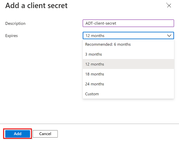 Captura de pantalla de Azure Portal al agregar un secreto de cliente.