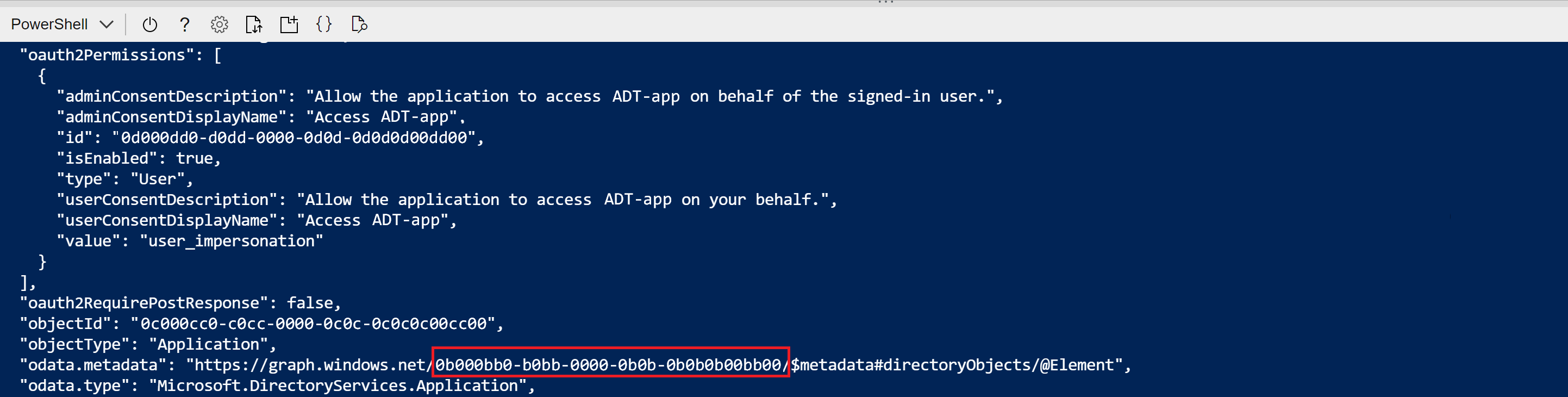 Captura de pantalla de la salida de Cloud Shell del comando de creación del registro de la aplicación. Está resaltado el valor GUID de odata.metadata.