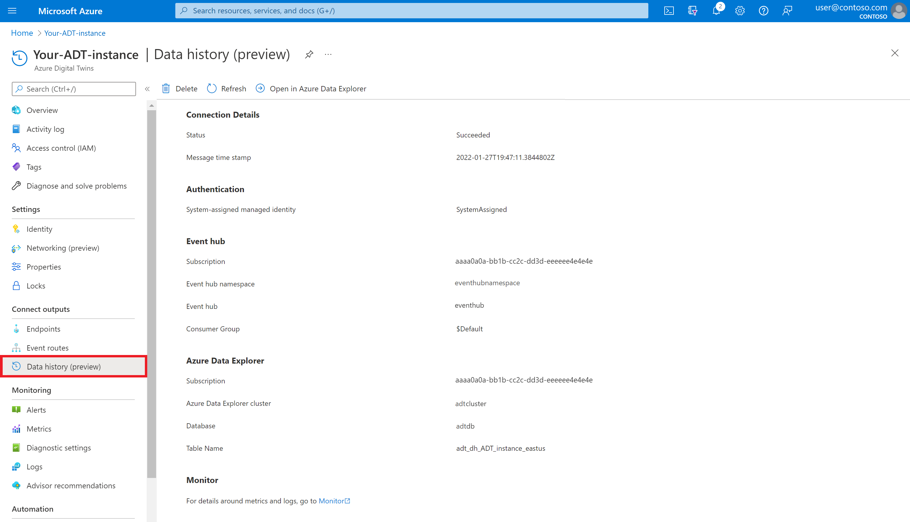 Screenshot of the Azure portal showing the Data History Details page after setting up a connection.