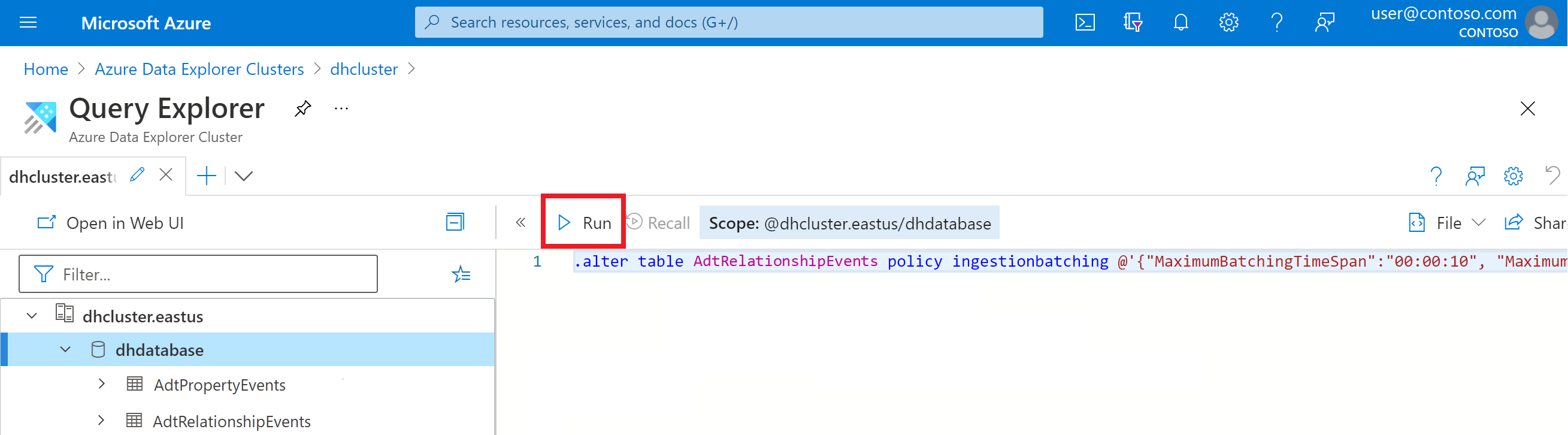 Screenshot of the Azure portal showing the query view for the database. The Run button is highlighted.