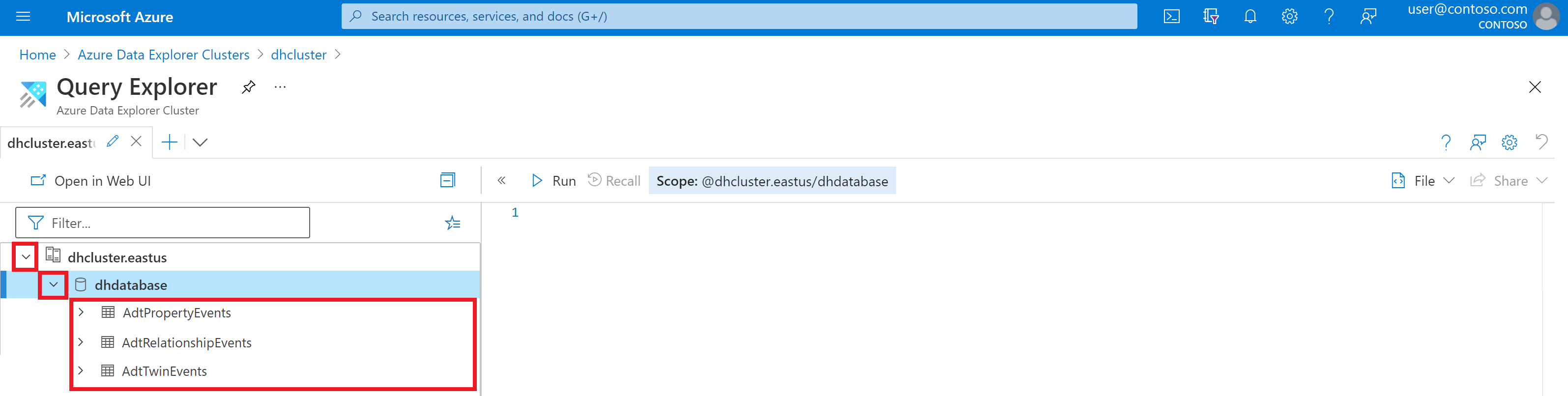 Screenshot of the Azure portal showing the query view for the database. The name of the data history table is highlighted.