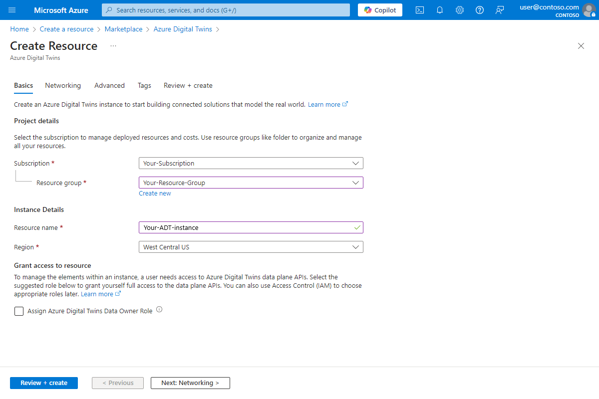 Screenshot of the Create Resource process for Azure Digital Twins in the Azure portal. The described values are filled in.