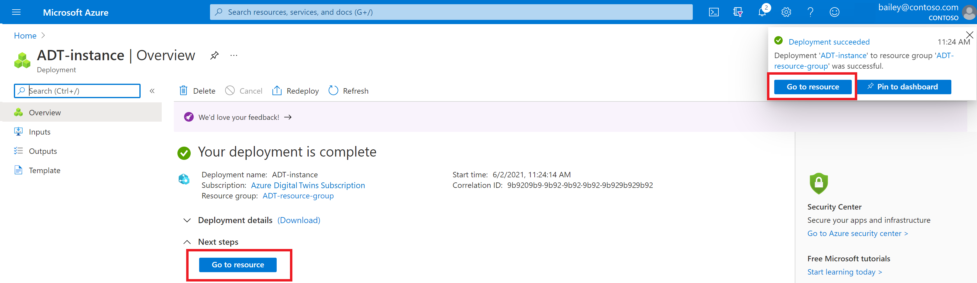 Captura de pantalla de la página de implementación de Azure Digital Twins en Azure Portal. La página indica que la implementación se ha completado.