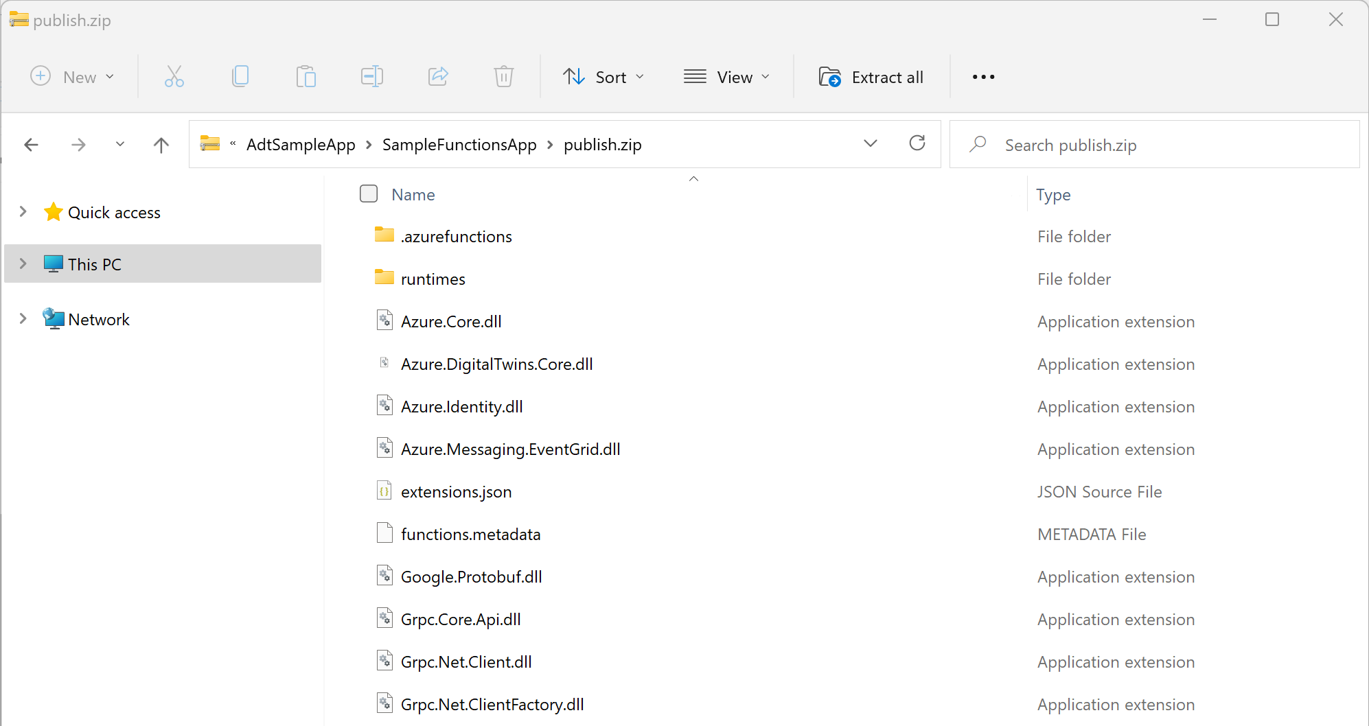 Captura de pantalla del Explorador de archivos en Windows que muestra el contenido de la carpeta zip de publicación.