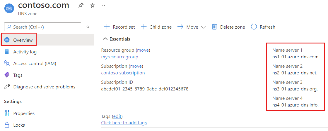 Captura de pantalla de la zona DNS que muestra los servidores de nombres de Azure asignados