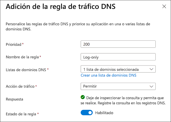 Recorte de pantalla de la creación de una regla de tráfico DNS.