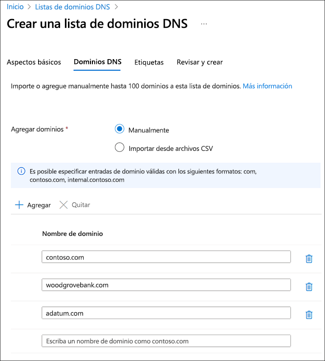 Recorte de pantalla de la creación de una lista de dominios DNS.
