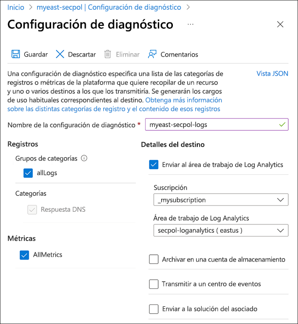 Recorte de pantalla de la configuración de diagnóstico de la directiva de seguridad.