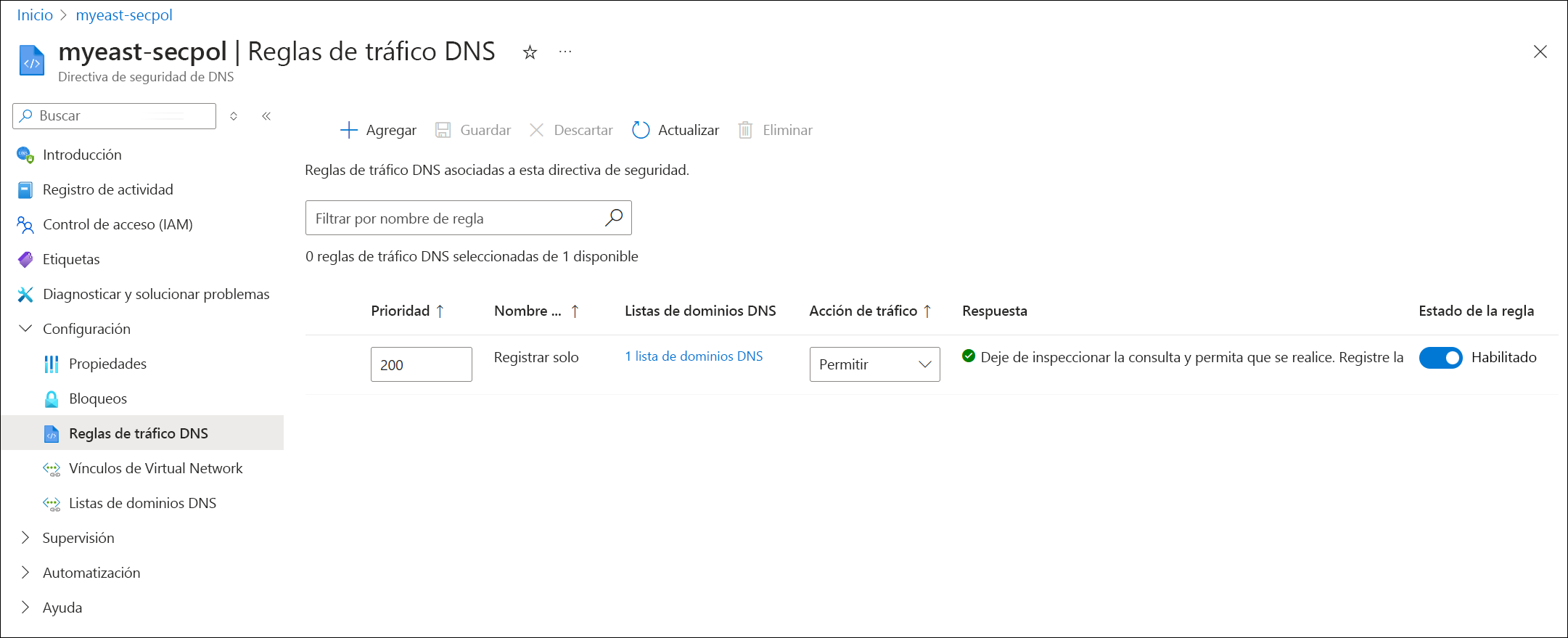 Recorte de pantalla de las reglas de tráfico DNS.