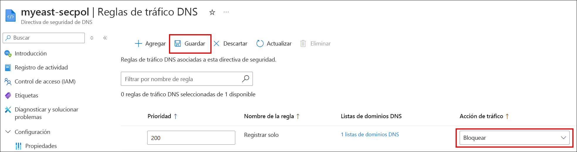 Recorte de pantalla de la edición de una regla de tráfico.