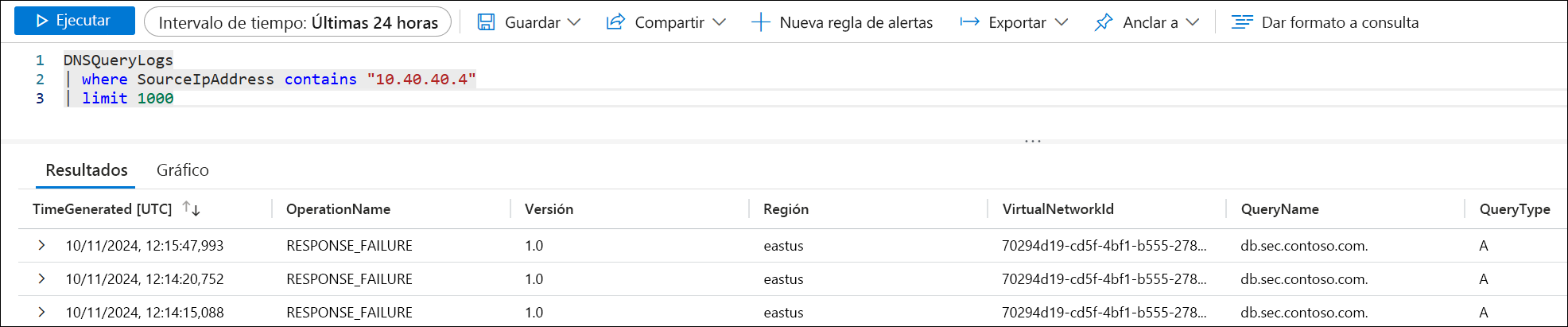 Recorte de pantalla de una consulta con errores.