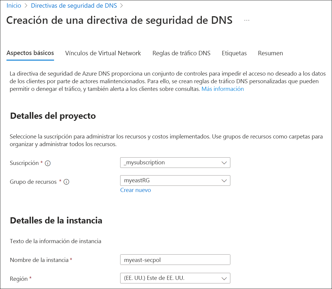 Recorte de pantalla de la pestaña Aspectos básicos de la directiva de seguridad.
