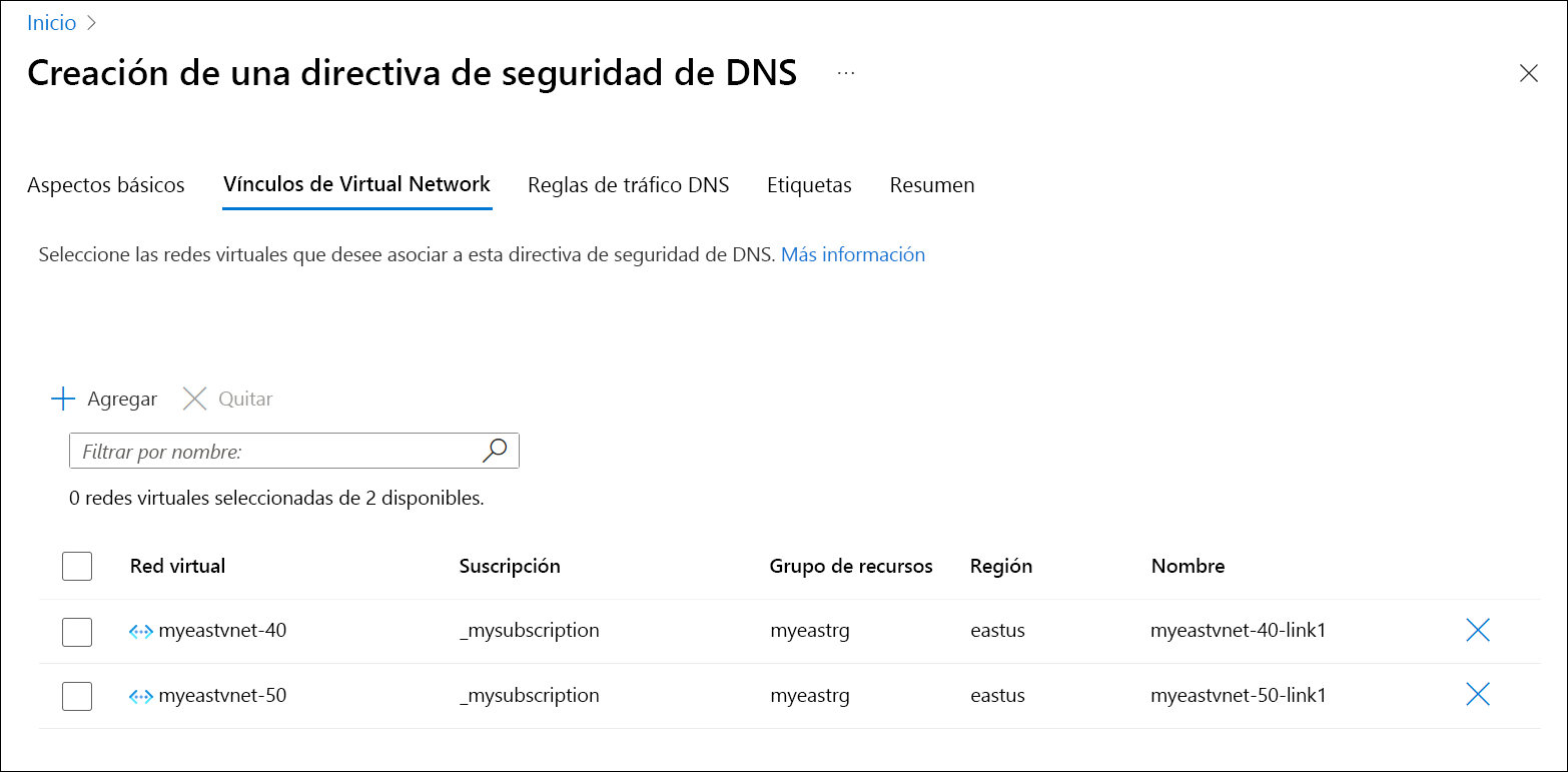 Recorte de pantalla de la lista Vínculos de red virtual.