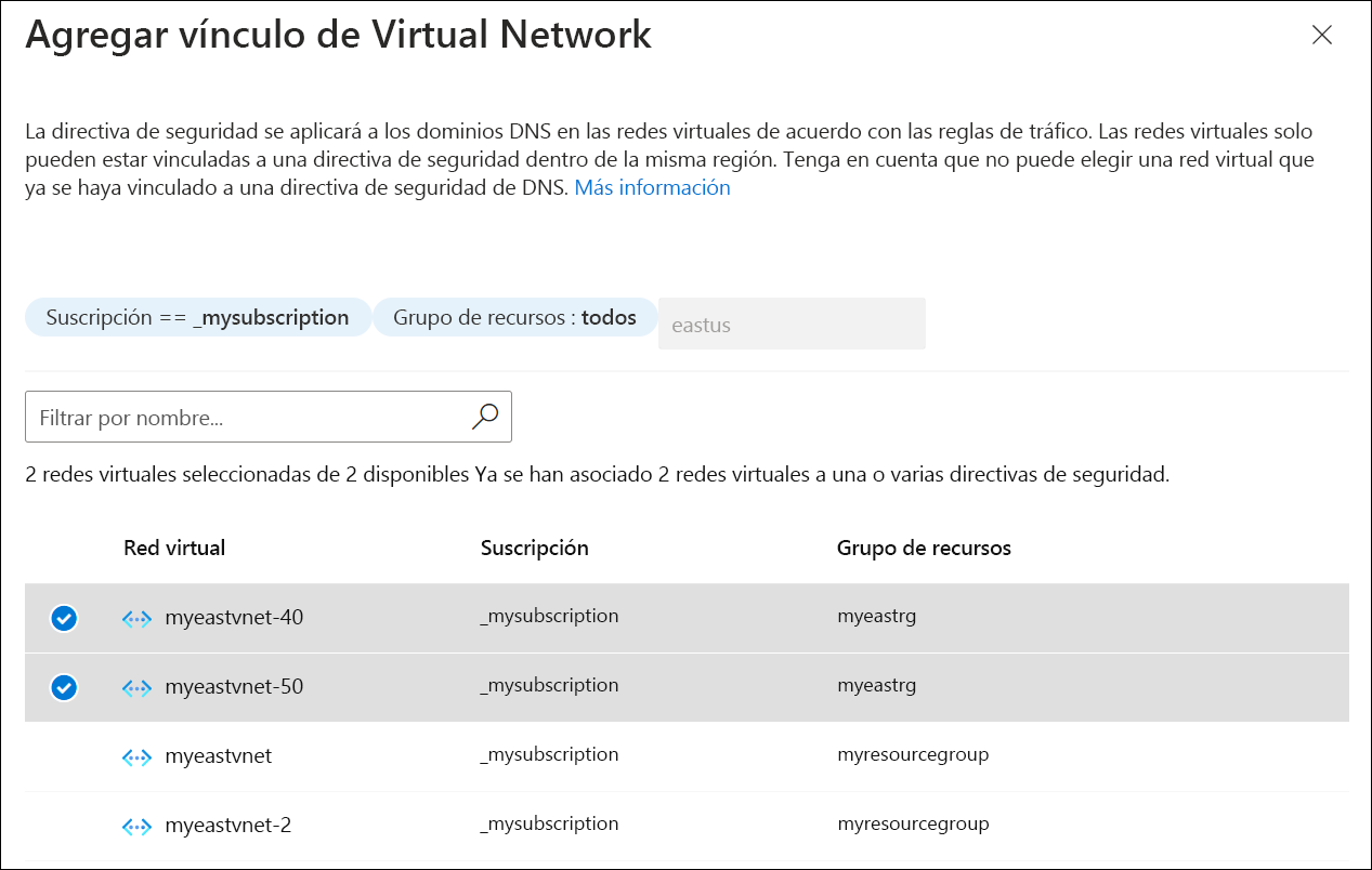 Recorte de pantalla de la pestaña Vínculos de red virtual para la directiva de seguridad.