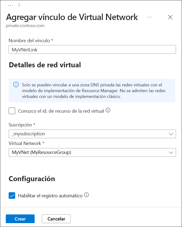 Captura de pantalla de adición de vínculo de red virtual.