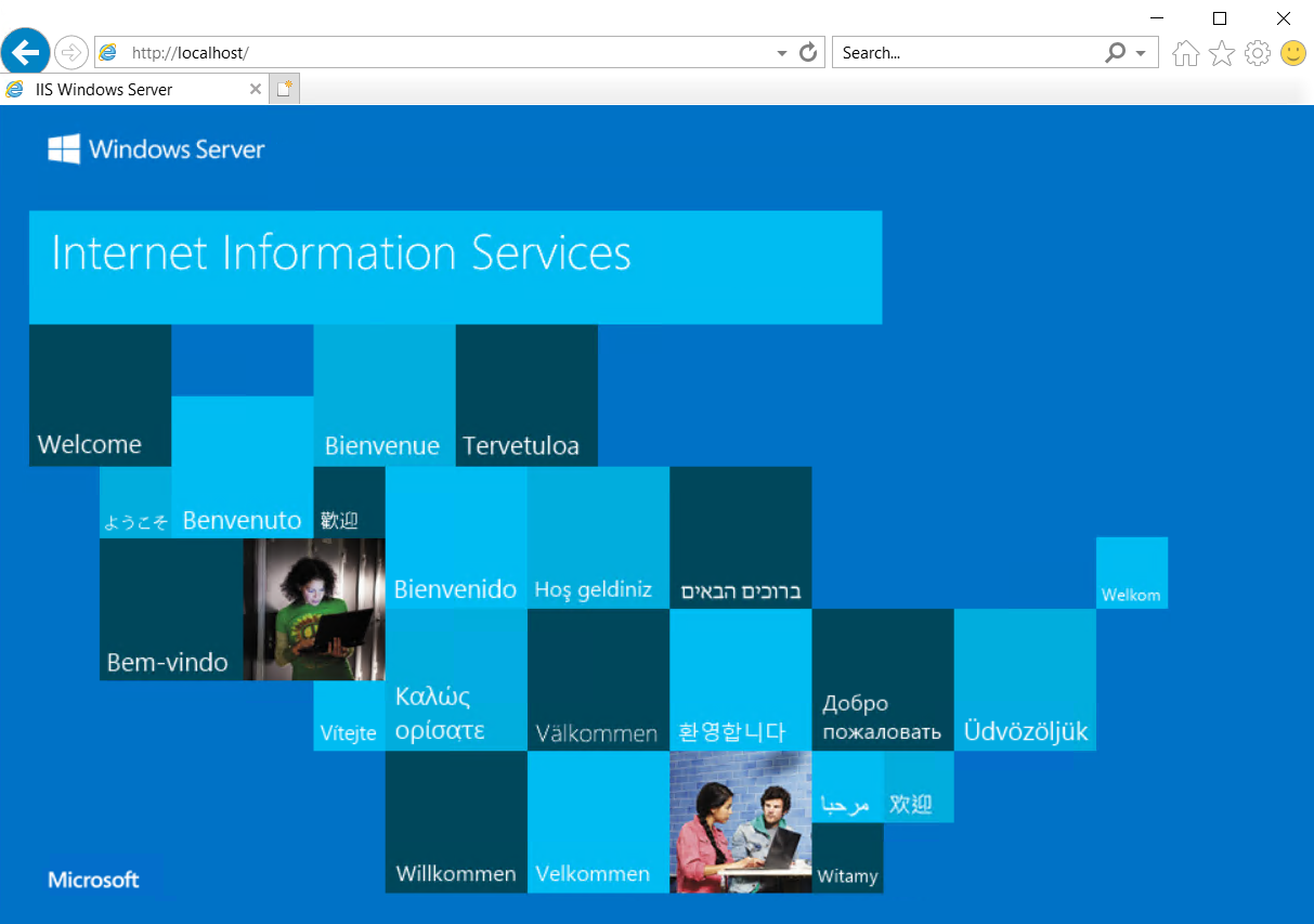 Captura de pantalla de Internet Explorer que muestra la página predeterminada del servidor web I I S de la primera máquina virtual.