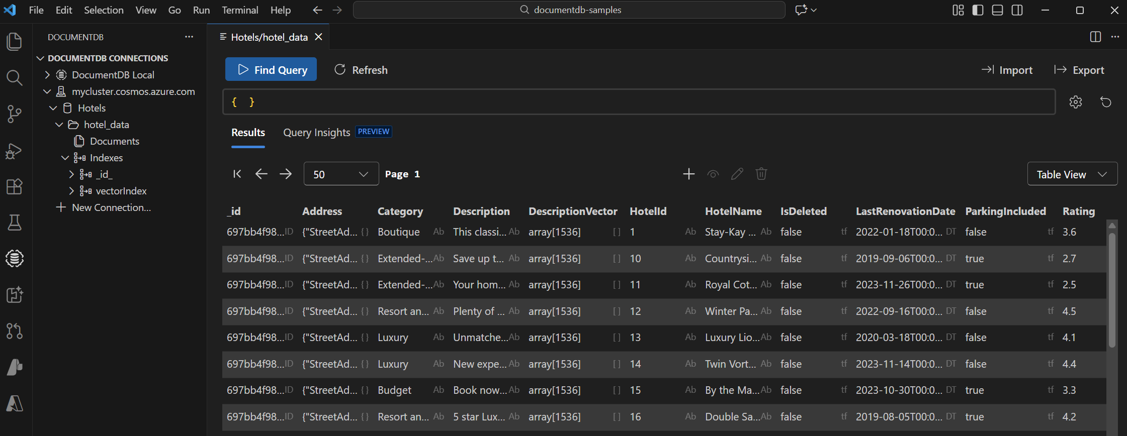 Extensión documentDB de Visual Studio Code que muestra el índice de búsqueda vectorial y los documentos de hotel.