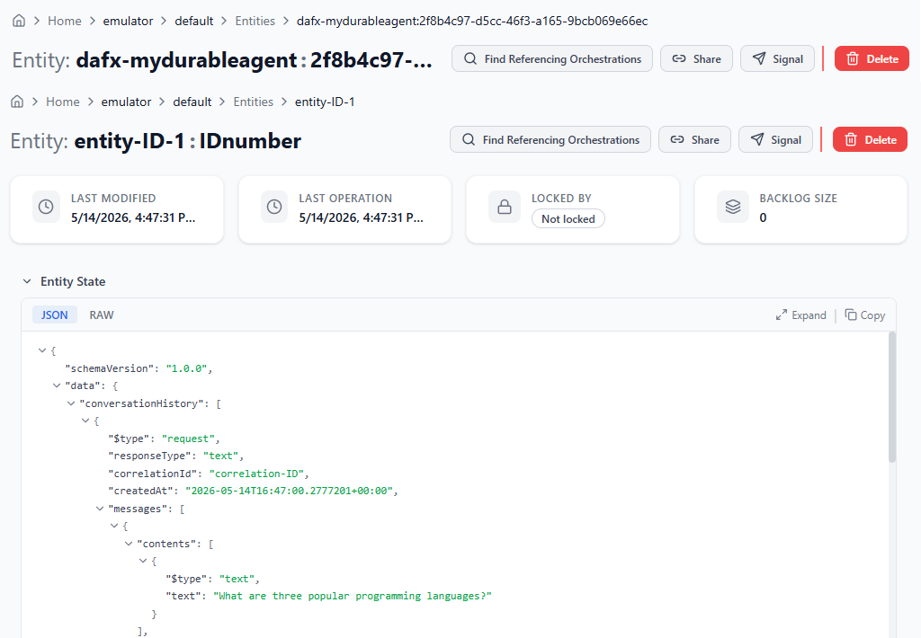 Captura de pantalla de una entidad concreta de la que se realiza un seguimiento en el panel de Durable Task Scheduler.