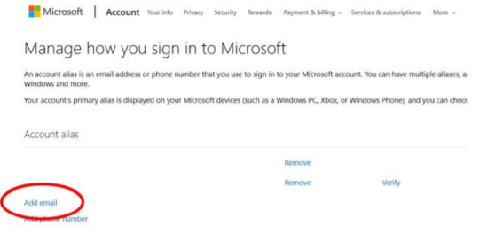 Captura de pantalla que muestra un vínculo para agregar una dirección de correo electrónico.