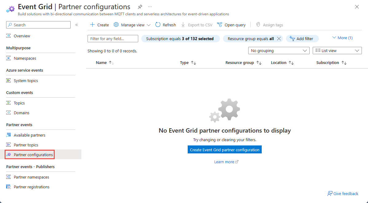Captura de pantalla en la que se muestra la página Configuraciones de asociados de Event Grid con la lista de las configuraciones de los asociados y el vínculo para crear un registro de asociado.