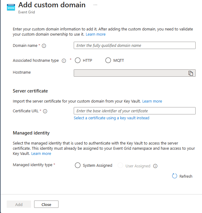 Captura de pantalla que muestra la página Agregar dominio personalizado.