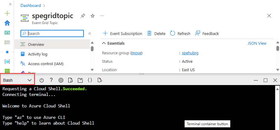 Screenshot showing the Azure Cloud Shell with the Bash option selected.