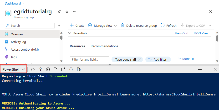 Screenshot showing the Azure Cloud Shell with the PowerShell option selected.