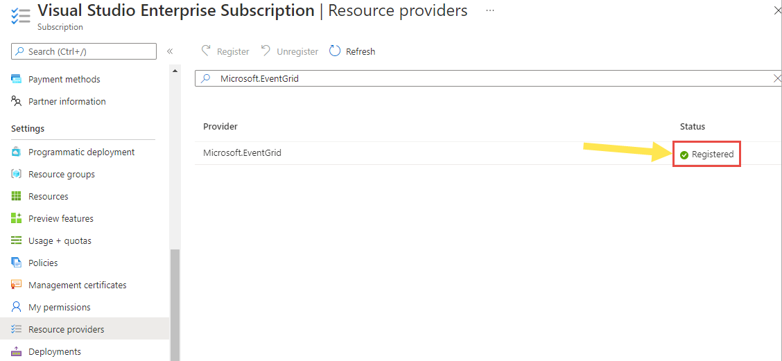 Captura de pantalla del registro correcto del proveedor Microsoft.EventGrid con la suscripción de Azure.