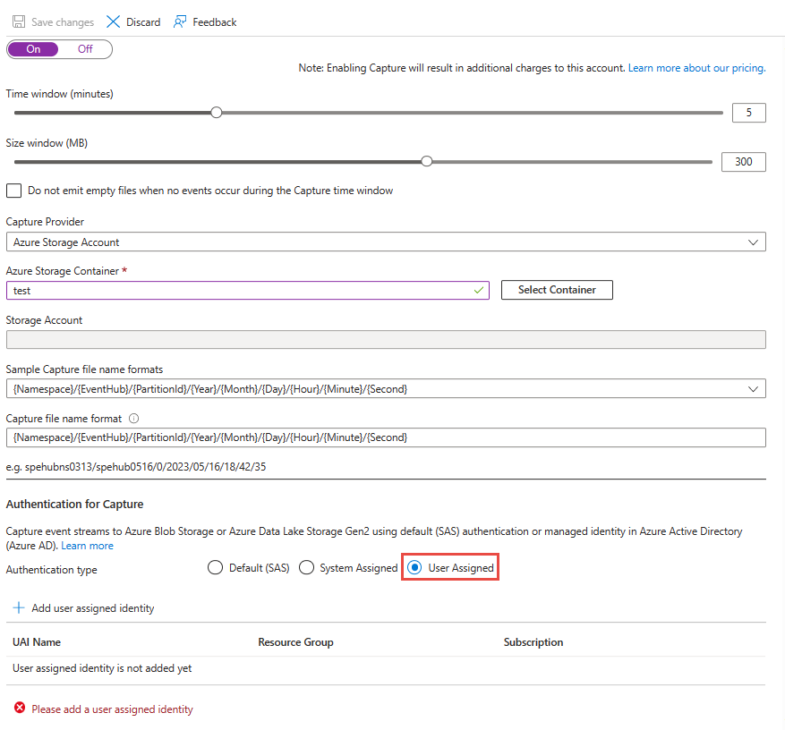 Imagen que muestra la captura de datos de Event Hubs en Azure Storage o Azure Data Lake Storage