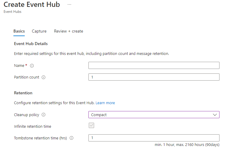 Captura de pantalla de la interfaz de usuario de creación de Event Hubs con atributos relacionados con la compactación.