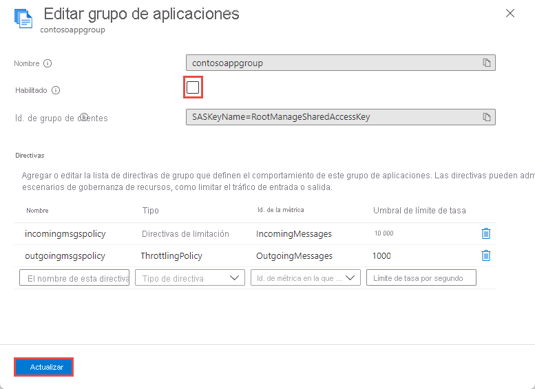 Screenshot showing the Edit application group page with Enabled option deselected.