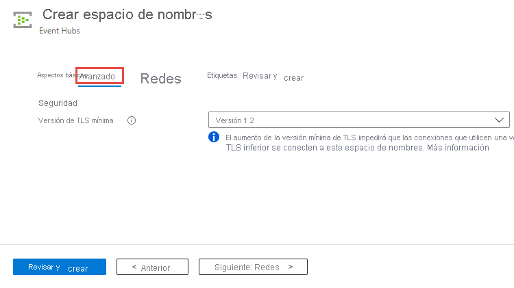 Captura de pantalla en la que se muestra la página para establecer la versión de TLS mínima al crear un espacio de nombres.