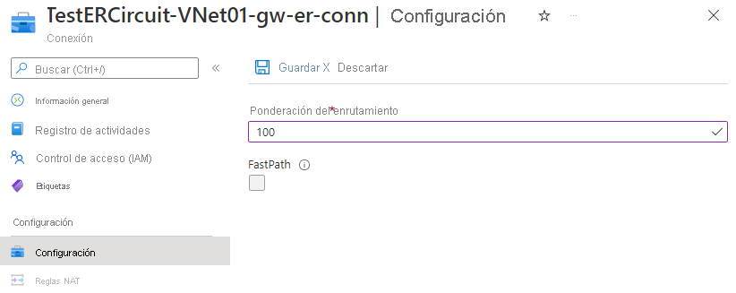 Screenshot of configuring connection weight via Azure portal.
