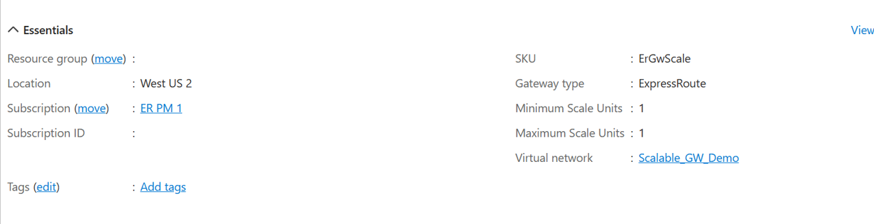 Captura de pantalla de la información general de la puerta de enlace de red virtual para ExpressRoute.